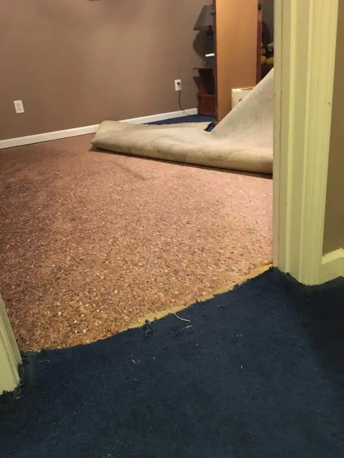 Carpet pad removal revealing water damage during Water Mitigation Services in Cape Coral